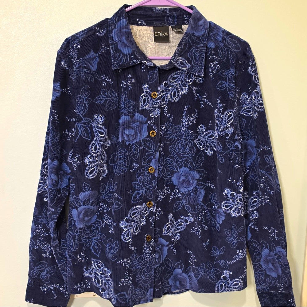 ERIKA Navy Blue White Floral Corduroy Collared Button-Up Shirt Womens L #378